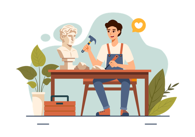 Man working on Stone Sculpture Illustration