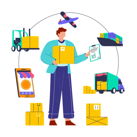 Man working on Supply chain management  Illustration