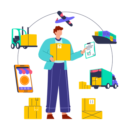 Man working on Supply chain management  Illustration