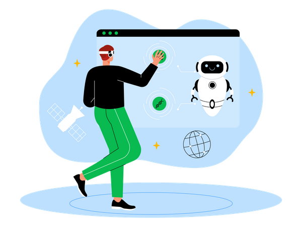 Man working on tech using metaverse tech  Illustration