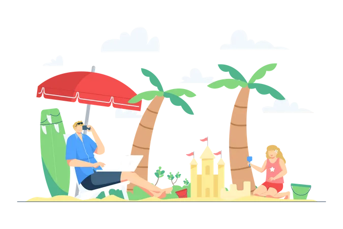 Man working on the beach during holiday Illustration