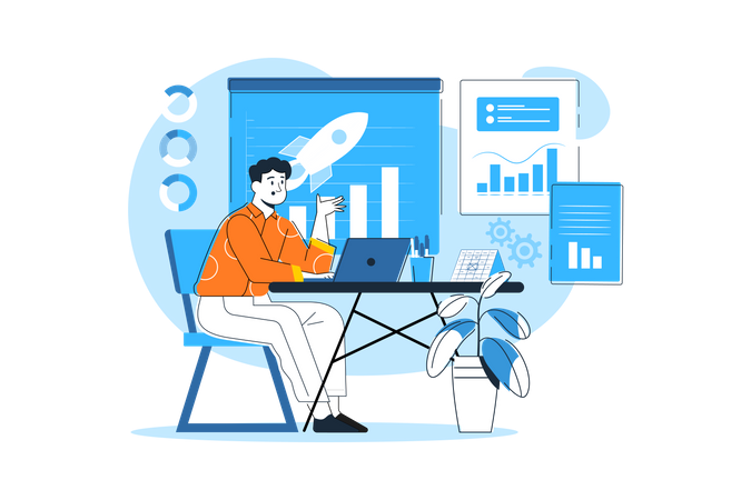 Man Working On The Business Startup  Illustration