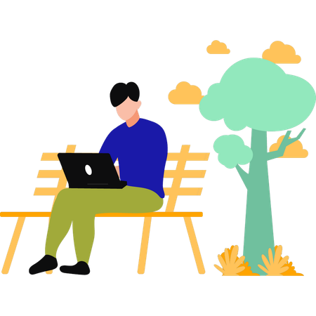 Man Working On The Laptop In Park  Illustration