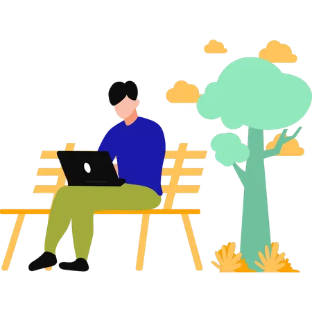 The Boy Is Working On The Laptop In The Park Illustration