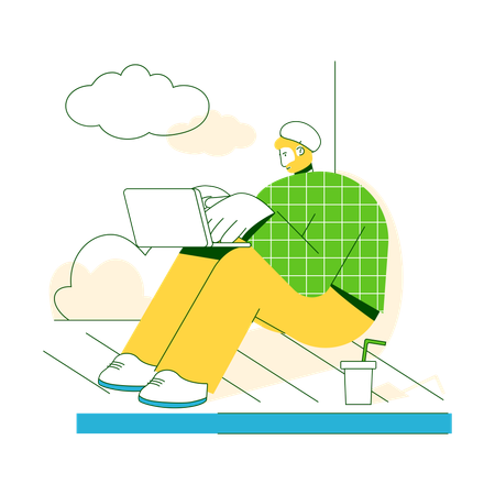 Man working on the pier with a laptop  Illustration