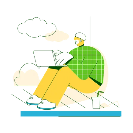 Man working on the pier with a laptop  Illustration