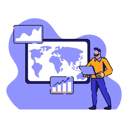 Man working on  Worldwide networking  Illustration