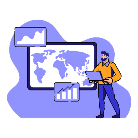 Man working on  Worldwide networking  Illustration