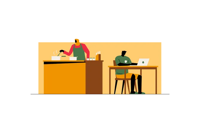 Man working online while woman cooking  Illustration