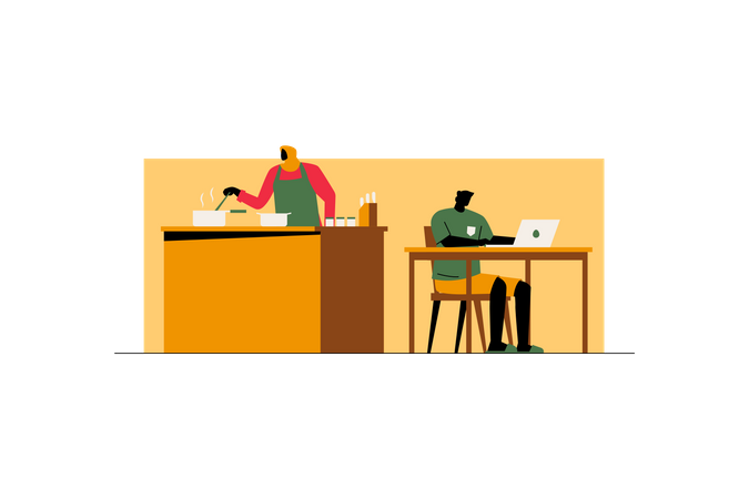 Man working online while woman cooking  Illustration