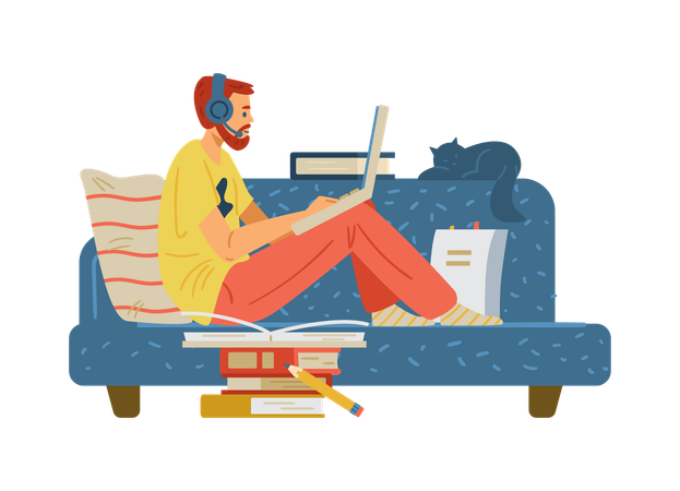 Man working or studying remotely at home  Illustration