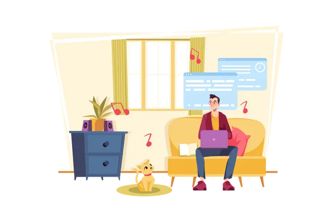 Man working peacefully from home Illustration