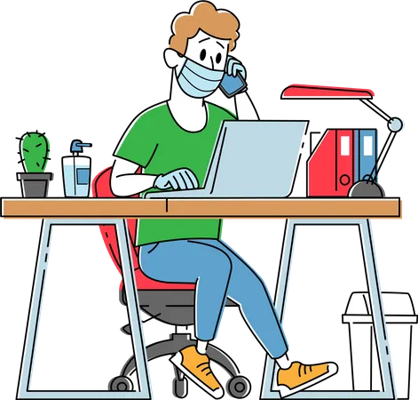 Male Character In Medical Mask Work On Laptop And Speaking By Smartphone In Office Man At Desk Freelancer Or Businessman Working Process During Coronavirus Pandemic Linear Vector Illustration Illustration