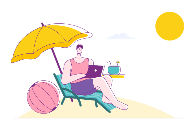 Man working remotely from beach  Illustration