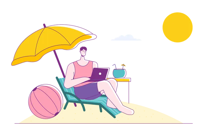 Man working remotely from beach  Illustration