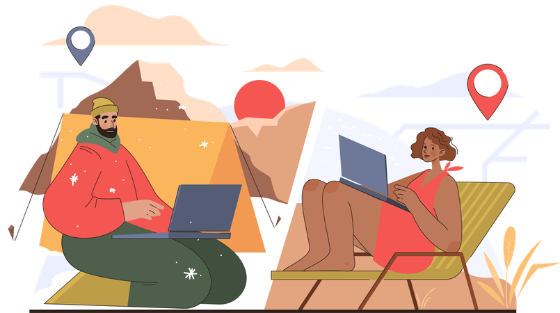 Man working remotely from distant place  Illustration