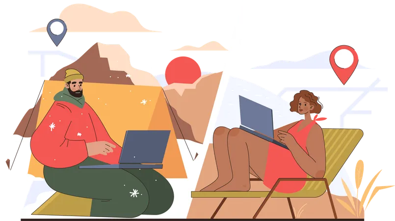 Man working remotely from distant place  Illustration