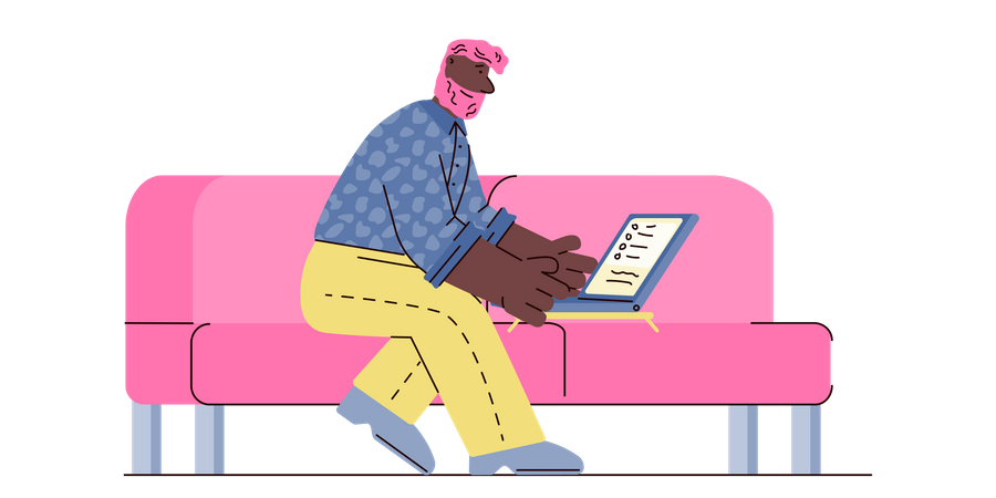 Man working remotely from home using laptop Illustration