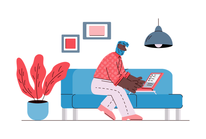 Man working remotely from home using laptop Illustration