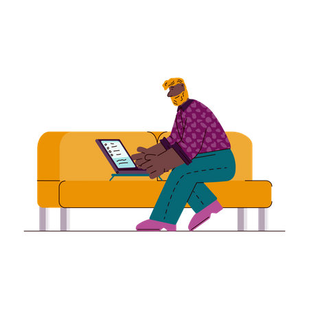 Man working remotely from home using laptop  Illustration