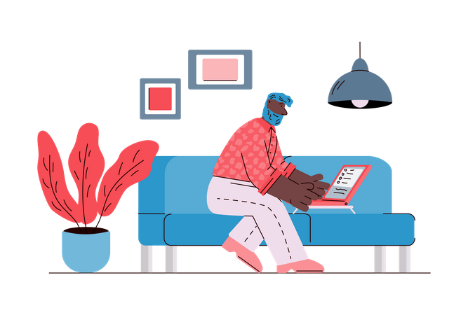 Man working remotely from home using laptop  Illustration