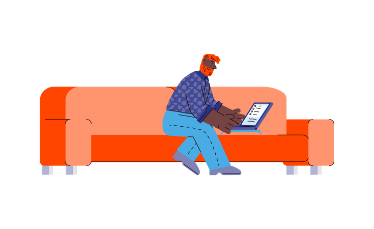 Man working remotely from home using laptop  Illustration