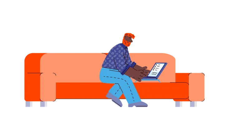 Man working remotely from home using laptop  Illustration