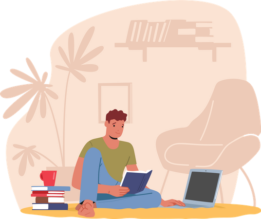 Man working remotely from home workspace Illustration
