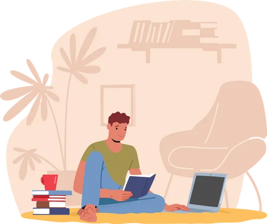 Man working remotely from home workspace Illustration