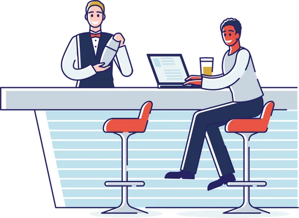 Man Working Remotely On Laptop At Bar Counter Illustration