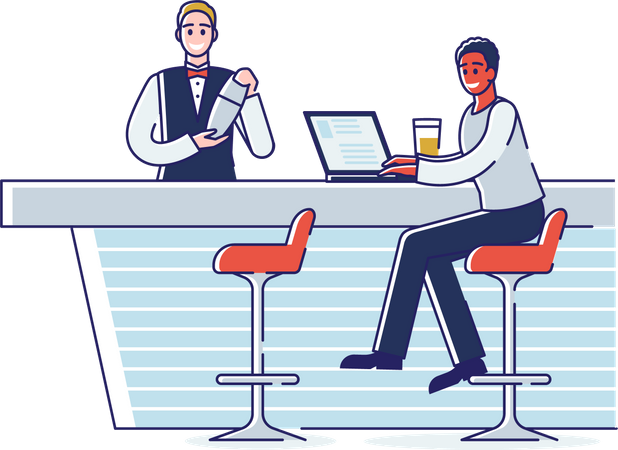 Man Working Remotely On Laptop At Bar Counter  Illustration