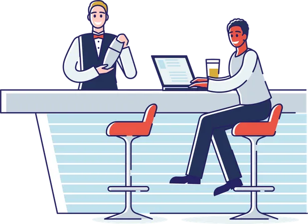 Man Working Remotely On Laptop At Bar Counter  Illustration