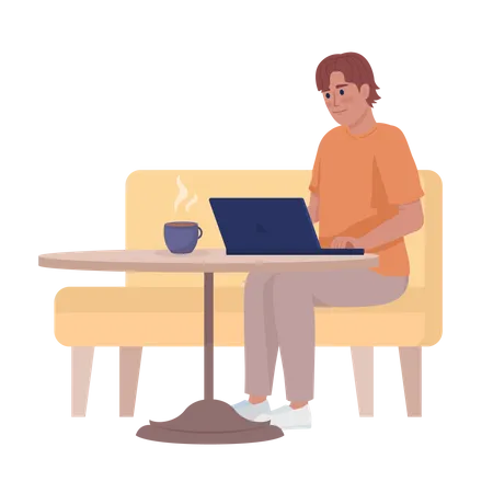 Man Working Remotely On Laptop From Coffeehouse Semi Flat Color Vector Character Editable Figure Full Body Person On White Simple Cartoon Style Illustration For Web Graphic Design And Animation Illustration