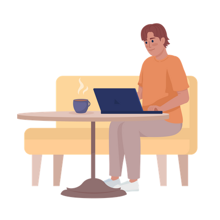 Man working remotely on laptop from coffeehouse  Illustration