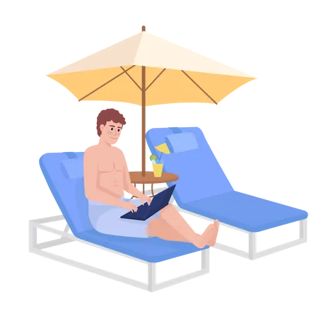 Man Working Remotely On Tropical Islands Semi Flat Color Vector Character Editable Figure Full Body Person On White Simple Cartoon Style Illustration For Web Graphic Design And Animation Illustration