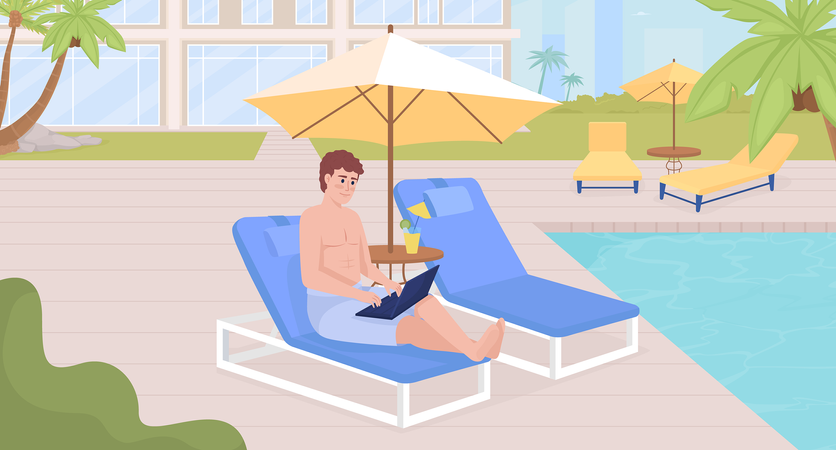Man working remotely on tropical islands  Illustration