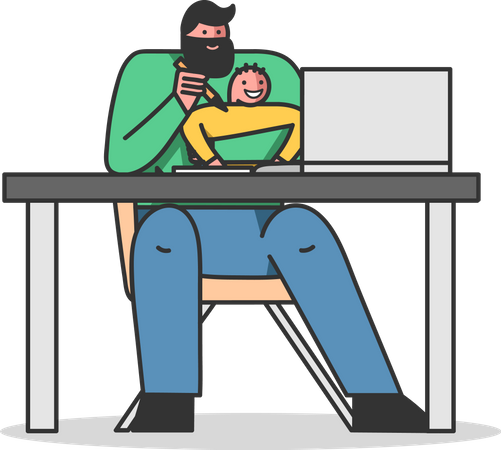 Man working remotely while giving food to son Illustration