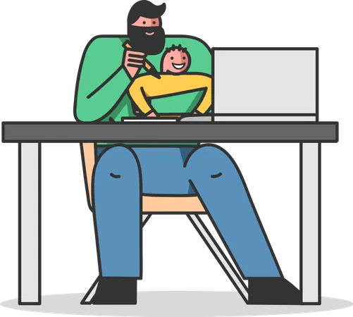 Man working remotely while giving food to son  Illustration