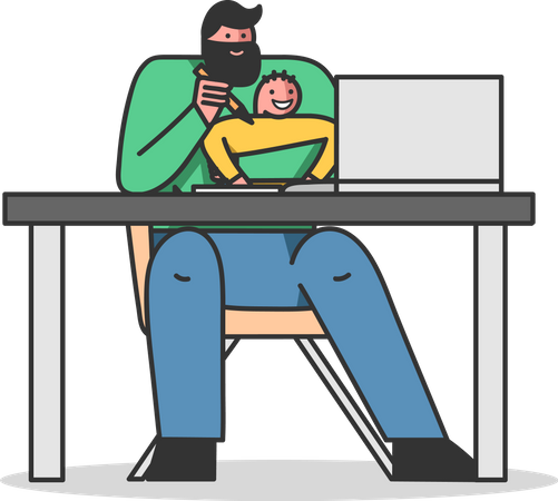 Man working remotely while giving food to son  イラスト
