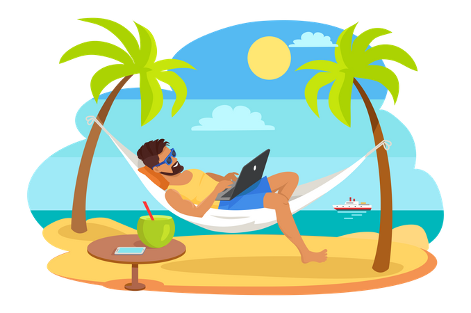 Man working remotely while lying on hammock  Illustration