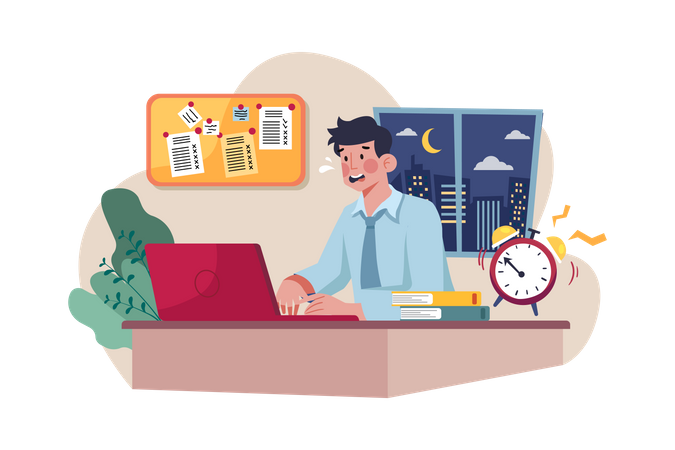 Man working till late hours Illustration