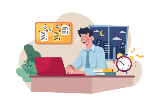 Man working till late hours Illustration
