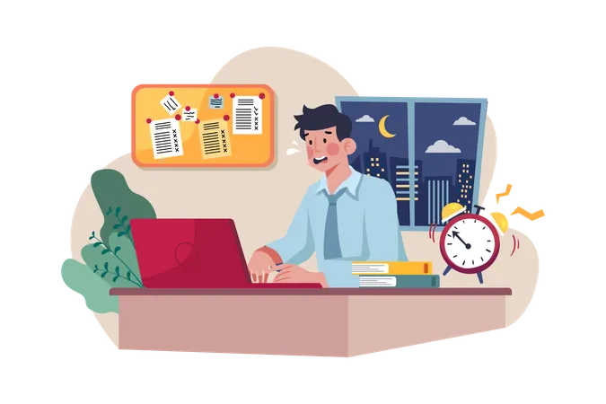 Man working till late hours  Illustration