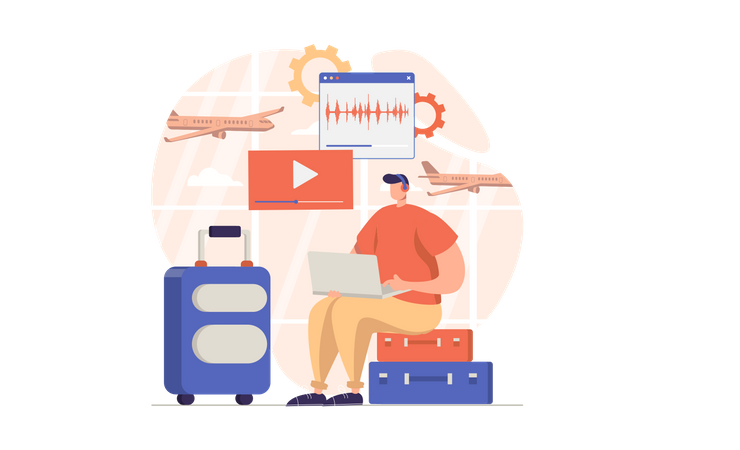 Man working while going on trip  Illustration