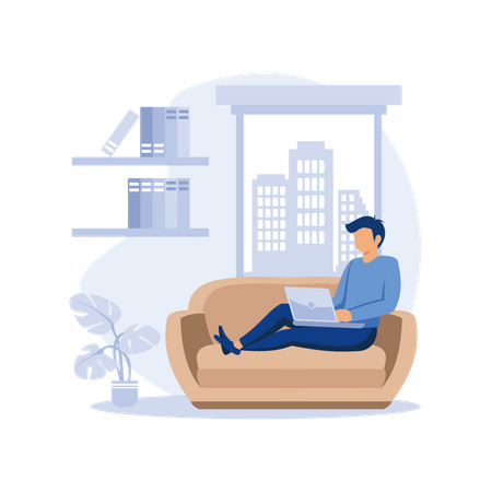 Man working while lying on couch  Illustration
