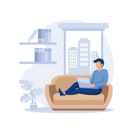 Man working while lying on couch  Illustration