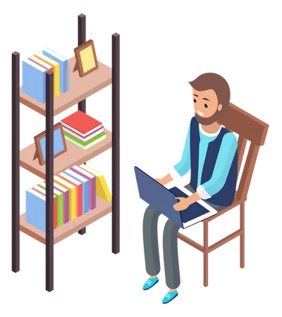 Man In Casual Outfit Sitting Near Bookshelf At Home With Computer Browsing Or Working On Laptop At His Laps Flat Style Isometric Isolated Vector Freelance Online Education Or Social Media Concept Illustration