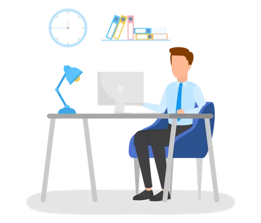 Man Sitting At The Desk And Working On The Laptop Computer Office Character Employee Or Worker Vector Illustration In Cartoon Style Illustration