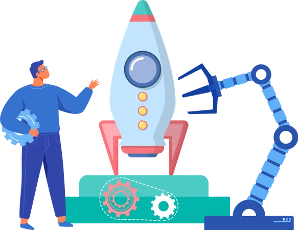 Businessman Conducting Experiments With Mechanical Arm Artificial Intelligence For Startup Development Robotic Arm For Rocket Lifting Modern Technologies For New Business Project Launch Concept Illustration