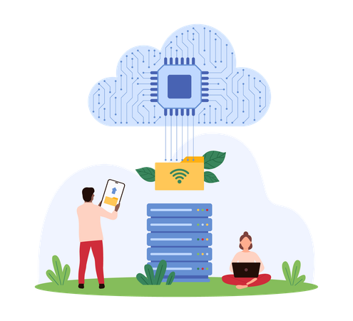 Man working with cloud data storage  Illustration
